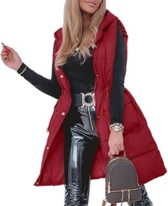 Genayge Women Red Quilted Sleeveless Jacket Vest Hooded Thick Long Coat - Picture 1 of 3