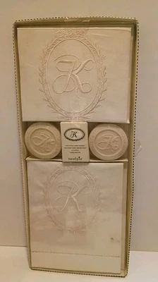 NEW Mud Pie Monogram Initial "K" Linen Towels & Vanilla Wood Soap Gift Set - Image 1 of 4