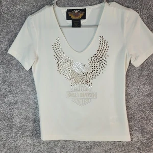 Harley Davidson Damen Pailletten Shirt Oberteil Kurzarm Flügel Weiß XS - Bild 1 von 8