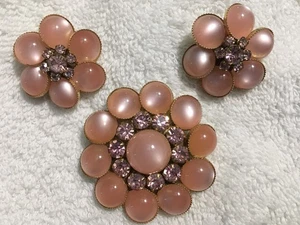Vintage Judy Lee Pink Plastic & Rhinestone Brooch & Earring Set Signed - Picture 1 of 6
