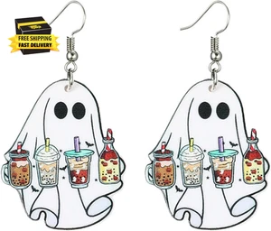 Orecchini Halloween Fantasma per Donna Carini Divertenti Cartoni Animati Stampa Fantasma Zucca Legno - Foto 1 di 3