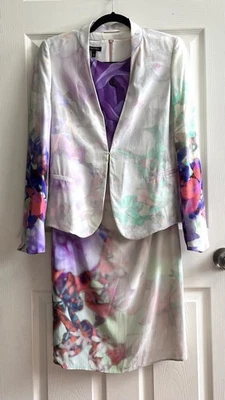 ESCADA Fantasía Floral Acuarela 100% Seda 2 Piezas Chaqueta Vaina Vestido Conjunto Talla 34 Foto 1 de 4