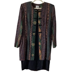 R&M Richards Karen Kwong Vestito Giacca Set Floreale Paisley Nero Marrone Verde M - Foto 1 di 7