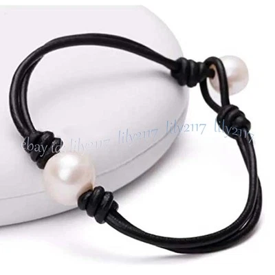 9-10毫米天然白色淡水巴洛克珍珠黑色皮革绳手链8英寸 — 第 1/4 张图片