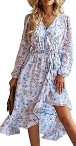 Women Floral Print Boho Dress Long Sleeve V Neck Ruffle Belted A-Line Flowy Maxi - Picture 1 of 4
