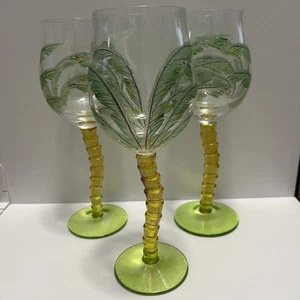 Set 3 Wine Things Hand Painted Palm Trees 10” Wine Goblet Hock W/ Curved Stem - Picture 1 of 4