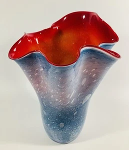 Jozefina Krosno Blue Red Handkerchief Vase 13.5" Art Glass Handmade Poland READ - Picture 1 of 16