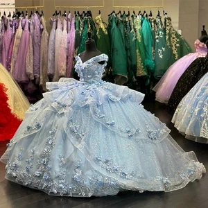 Exquisite Ball Gown 15 Quinceanera Dresses Off Shoulder Tull Appliques Lace Robe - Picture 1 of 7