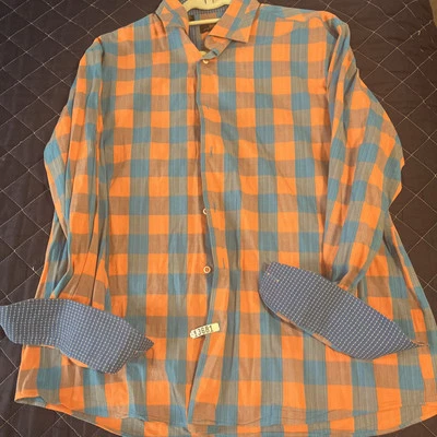 Camisa de vestir Steven Land para hombre a cuadros puño abatible 16 1/2 34/35 naranja azul Foto 1 de 4