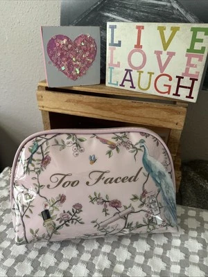 TOO FACED Pink PVC Coated Print ZIP Logo Makeup Travel Bag New Without Tags - Image 1 of 4