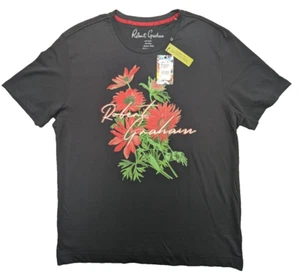 Robert Graham T-shirt Mens XL TG Black Floral 🌸Script Print Short Sleeve SS - Picture 1 of 10