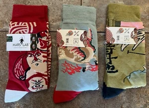 Mars Lab Beautiful Asian-Themed Crew Sock 3-Pairs Adult Size NEW - Picture 1 of 1