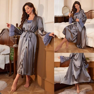 Women's Bathrobe Gray Simulated Silk Dress Bathrobe Two Piece Set Customized - Image 1 of 4