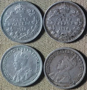 Canada : Lot 2 Coins 5 Ct 1912 CH.AU Cleaned ; 1914 XF- #22 IR4680 - Picture 1 of 1