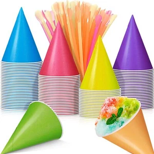 100 Pcs Snow Cone Cups with 100 Pcs Spoon Straws for Slush Shaved Ice Cream - Picture 1 of 7