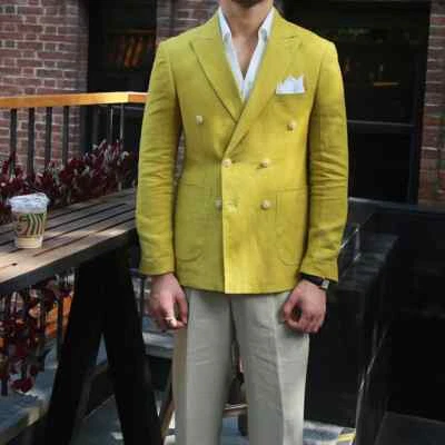 Verano Lino Hombres Blazer Informal Metal Doble Pecho Traje Chaqueta Negocios Social Foto 1 de 4
