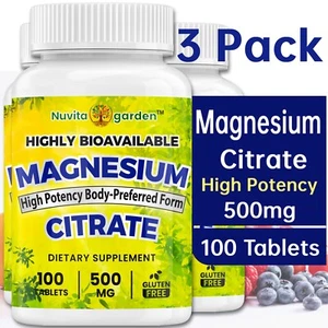 3 Bottle Magnesium Citrate 500mg - Promotes Sleep Health, Relaxation,100 tablets - Picture 1 of 6