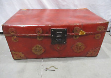 Vintage Oriental Red Thick Leather Travel Trunk / Chest