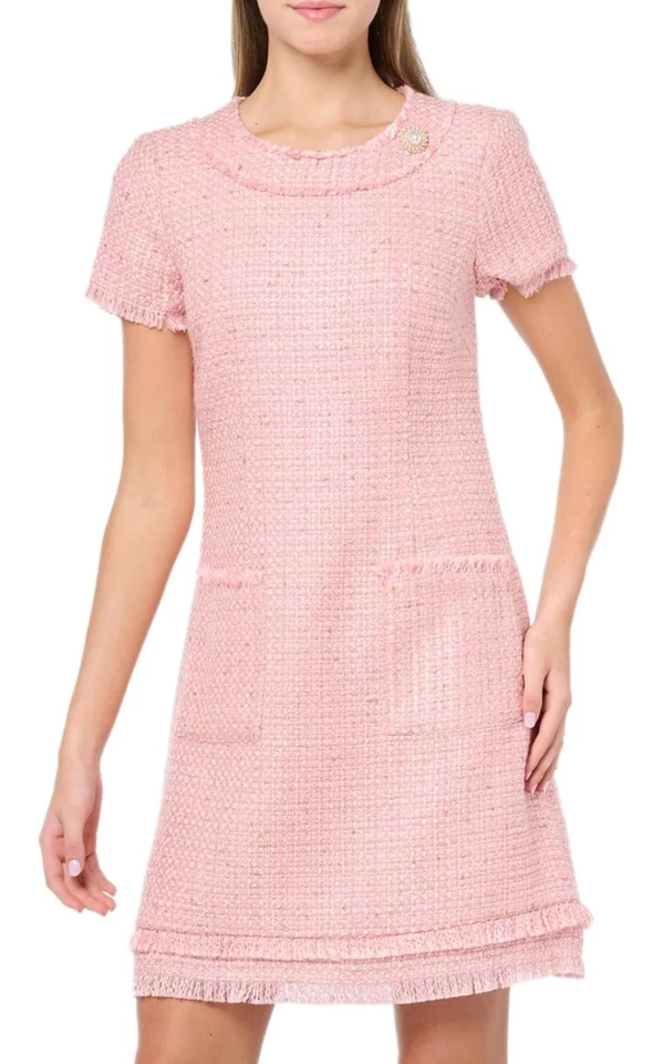 Vestido Eliza J Rosa Tweed Nuevo con Etiquetas Bolsillos Flecos Perla Estrás Broche Botón Talla 12 Foto 1 de 4