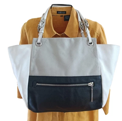 Bolso de Mano de Cuero orYANY Talla L Se Pliega a M Bolsillos Doble Asa Gris Blanco Negro Foto 1 de 4