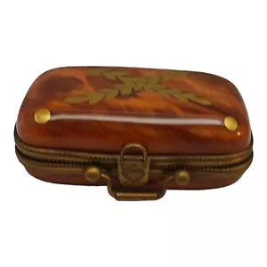 Limoges Rochard Luggage Suitcase Box Peint Main Trinket Box Brown - Picture 1 of 10