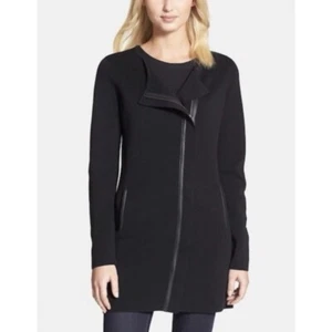 Eileen Fisher Black Silk Leather Trim Cardigan Sweater Long Zip Jacket SMALL - Picture 1 of 10