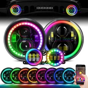 7'' LED RGB Halo Headlights 4'' Fog Light Combo Kit for Jeep Wrangler JK JKU APP - Imagen 1 de 11