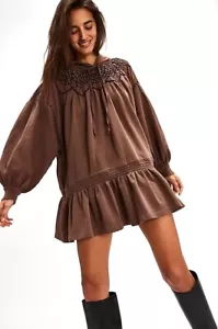 Free People Marty Smocked Sweatshirt Hooded Tunic Mini Dress Brown S NEW - Picture 1 of 8