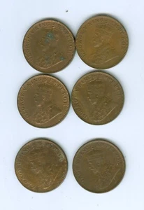 SIX INDIA 1929 C ONE QUARTER ANNA COINS IN AU/BROWN UNCIRULATED CONDITION - Picture 1 of 2
