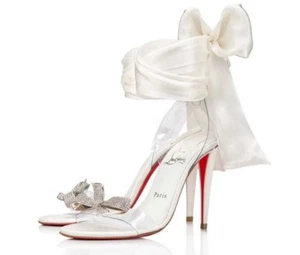 Christian Louboutin Astrinodo 100 Ivory PVC Bow Lace Up Tie Sandal Heel Pump 37 - Picture 1 of 24