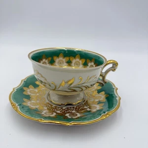 Antique Schwarzenhammer Bavaria Porcelain Gold Trim tea cup & saucer Green - Picture 1 of 11