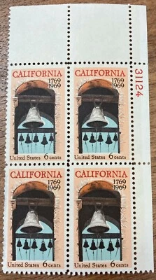 1969, 4 block of California Settlement 6¢ postage stamps.  MNH #1373 - Image 1 of 4