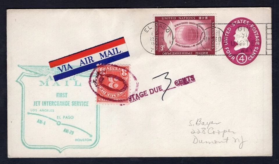 USA 1960 First Jet Interchange Service Cover. El Paso Tx. Postage Due. UN Stamp - Image 1 of 2