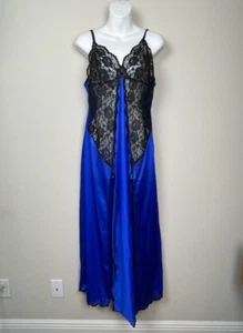 Frederick's Blue Lace Slip Gown 1X Coquette Romantic Lingerie High Slit - Picture 1 of 7