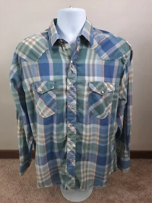 Vtg Wrangler Long Sleeve Men's 16 x 34 Large Plaid Pearl Snap X Long Tails Shirt - Image 1 of 4