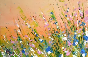 Wildblumenwiese Gemälde - 8x12 Acryl Blumenkunst auf Leinwand - Bild 1 von 7