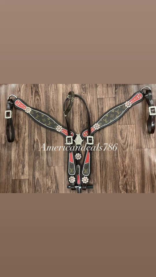 Juego de tachuelas bling de cuero marrón occidental con superposición de cuero rojo y conchos bling Foto 1 de 1