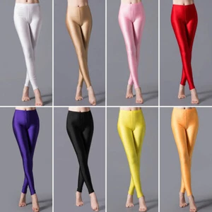 Women Glossy Leggings Shiny Stretch Pants Ballet Dance Yoga Training Candy Color - Picture 1 of 33