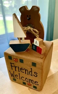 1990’s VINTAGE ADORABLE HAND CRAFTED WOOD WELCOME FRIENDS BLOCK! #2 - Picture 1 of 4