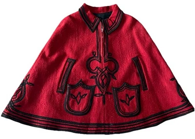 Red Wool Guatemalan Cape Handmade Vintage Black Appliqué Design 1960s Austrian - Image 1 of 4