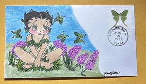 2025 Luna Moth $1.27 Surcharge Stamp C44 Betty Boop In Garden & Moths FDC/OOAK - Picture 1 of 5