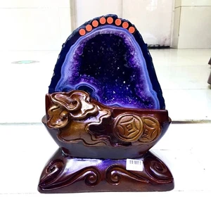 19LB Top Natural Amethyst Geode Cluster Cathedral Reiki Healing Decor + Stand - Picture 1 of 2