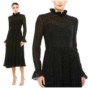 Mac Duggal NWT Black Embroidered Long Sleeve Ruffle Chiffon Dress Swiss Dot 16 - Picture 1 of 10