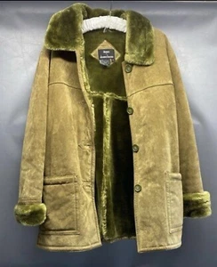 Dennis Basso 90s Suede Leather Faux Fur Trim Barn Coat 70s Mob Med Green Jacket - Picture 1 of 16