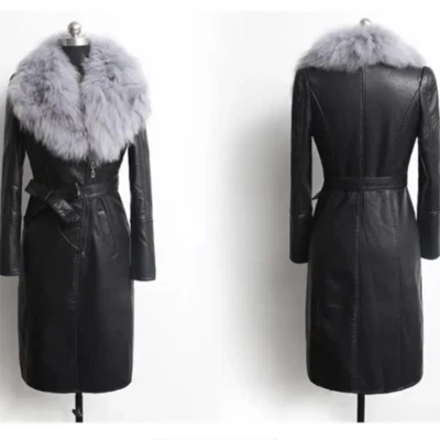Ladies Faux Leather Trench Coat Faux Fur Collar Fleece Lined Jacket Warm Winter - Image 1 of 4