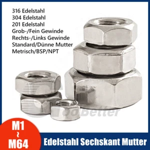 316/304/201 Edelstahl Sechskantmuttern M1 M2 M3 M4 M5 M6 M7 M8 M10 - M64 Mutter - Bild 1 von 10