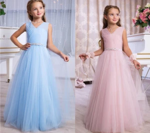Flower Girl Dresses Scoop Neck Appliqued Beaded Girl Pageant Gowns Trai - Picture 1 of 7