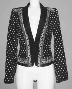 Black & White Polka Dots Scrolls Long Lapels Lined Silk Jacket Top Wms 2 WORN? - Picture 1 of 1