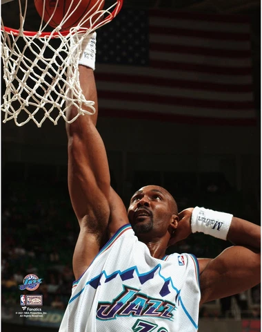 Karl Malone Unsigned Utah Jazz Hardwood Classics Signature Dunk Photograph Cover