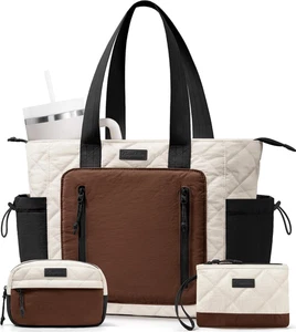 Damen gefütterte Beuteltasche Tasche leicht gesteppt Schulter Handtasche Arbeit Laptop braun - Bild 1 von 11